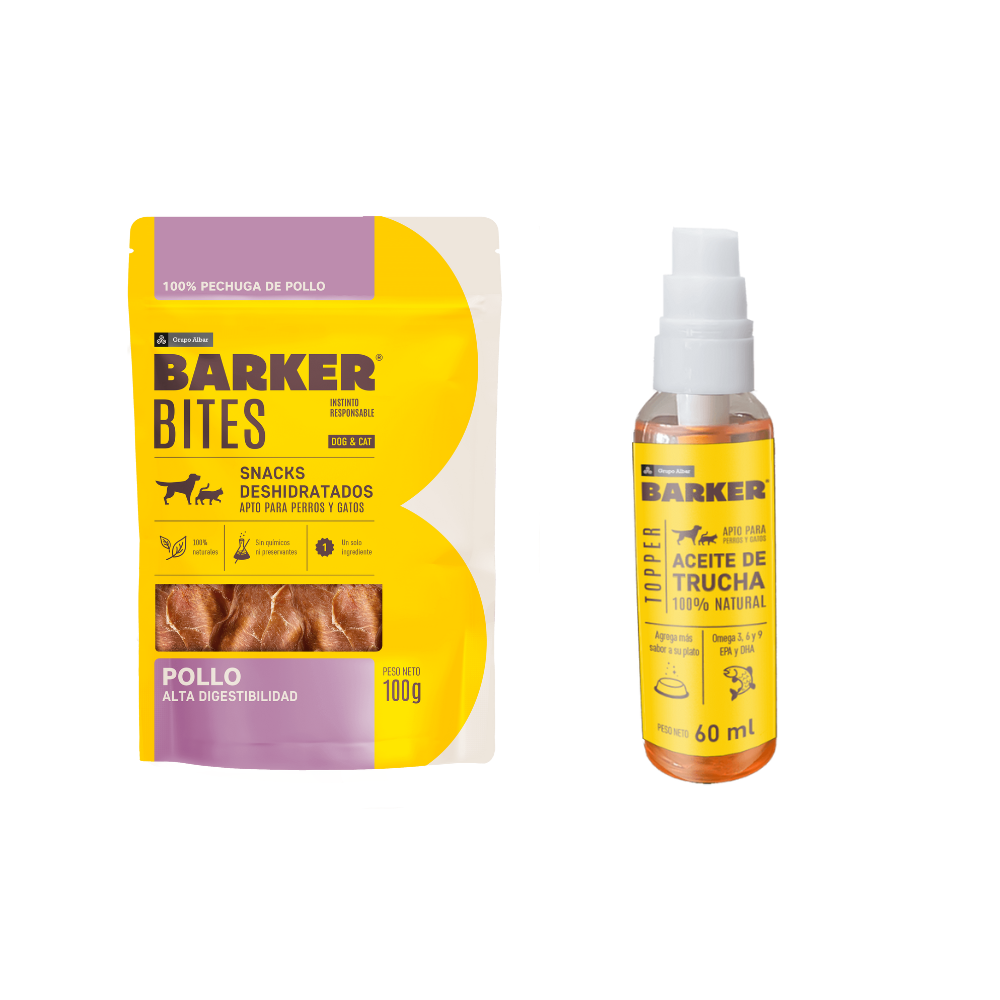 Combo bites pechuga de pollo barker + Aceite de trucha barker
